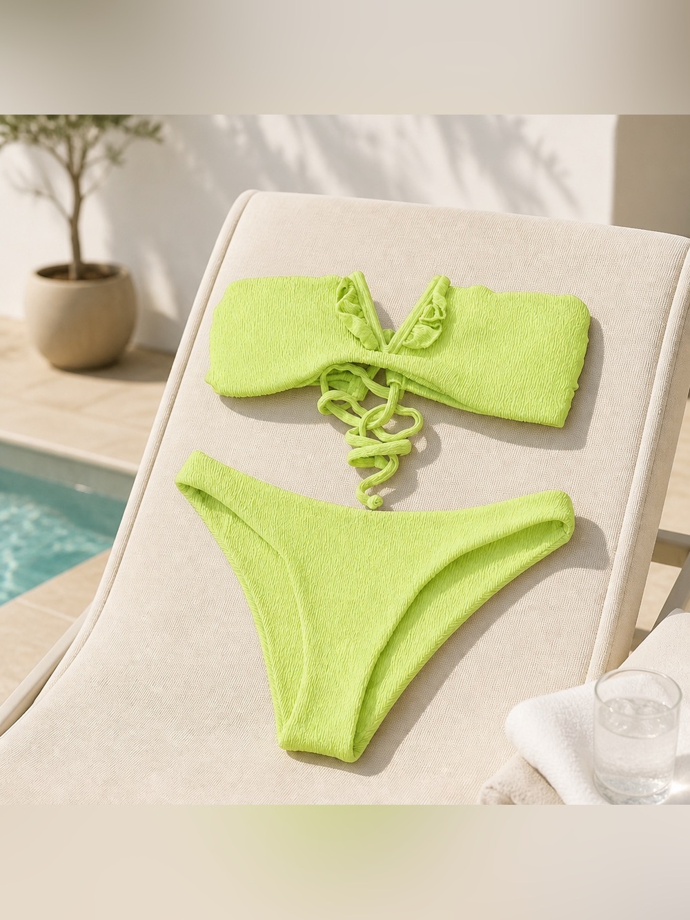 Neon Lime Lace-Up Bandeau Bikini Set